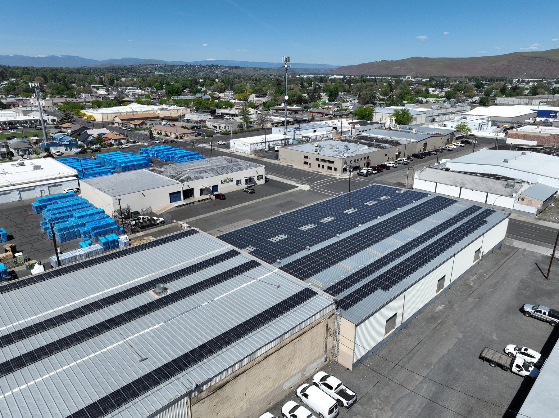 Solar panels on the roofs of the Michelsen Packaging facility in Yakima